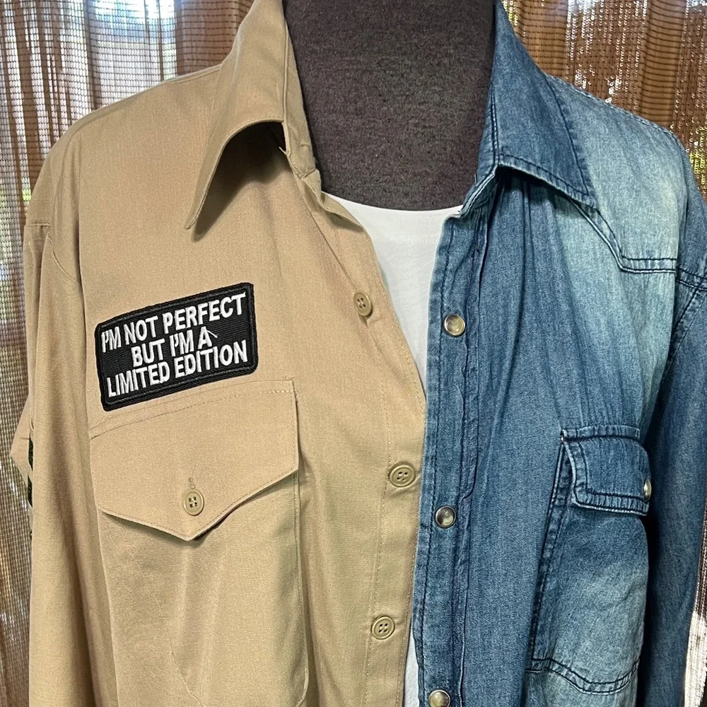 Upcycled Two-Tone Tan and Blue Unisex Shirt - Picture 4 of 4